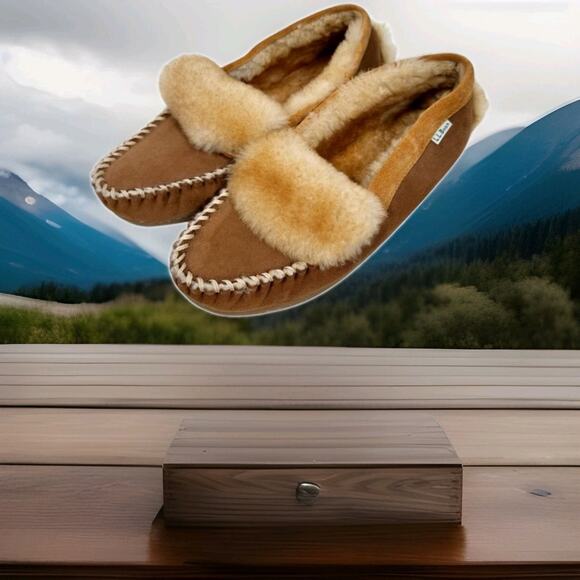 LL Bean Wicked Good Slippers Fold Over Moccasins Mens Size 10M Shearling Suede - Picture 2 of 8